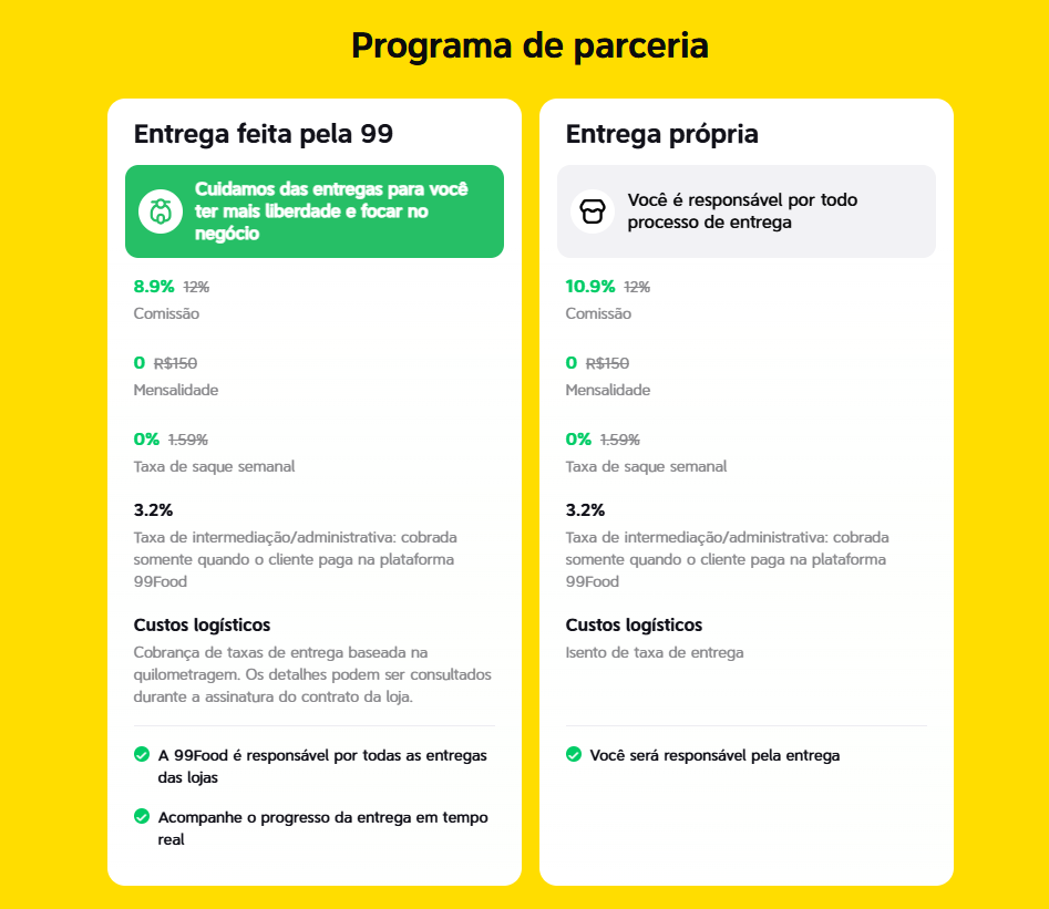 Painel de cadastro da 99Food mostrando as taxas reduzidas e benefícios para lojistas