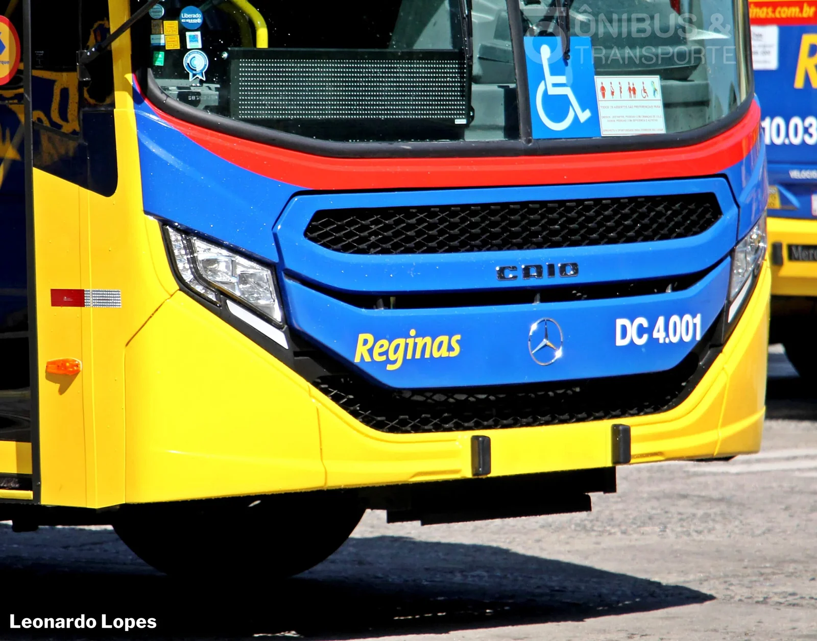Frente de um ônibus da Viação Reginas evidenciando o logotipo e letreiro.